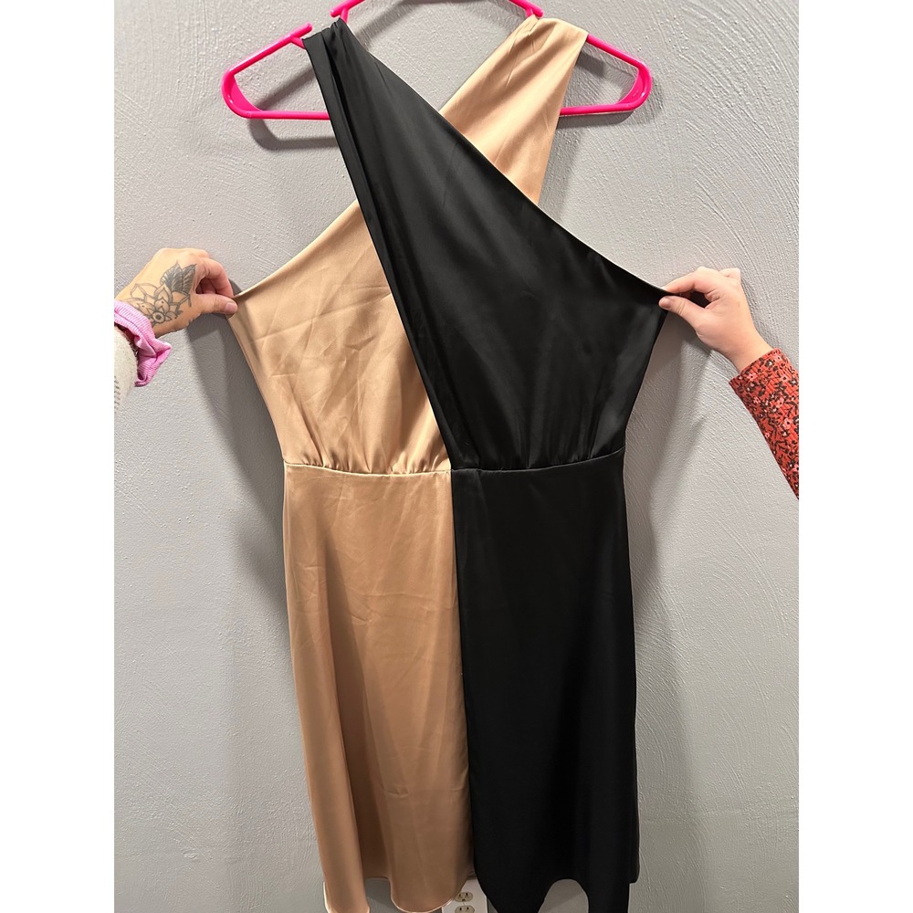 Ann Taylor Womens Colorblock Halter Midi Dress Black Gold Satin Size 10 NWT